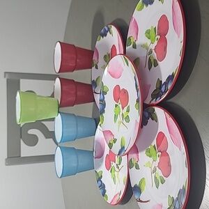Set Of 5 Cynthia Rowley Whim Melamine Fruit Salad Plates With 5 Barrel Cups